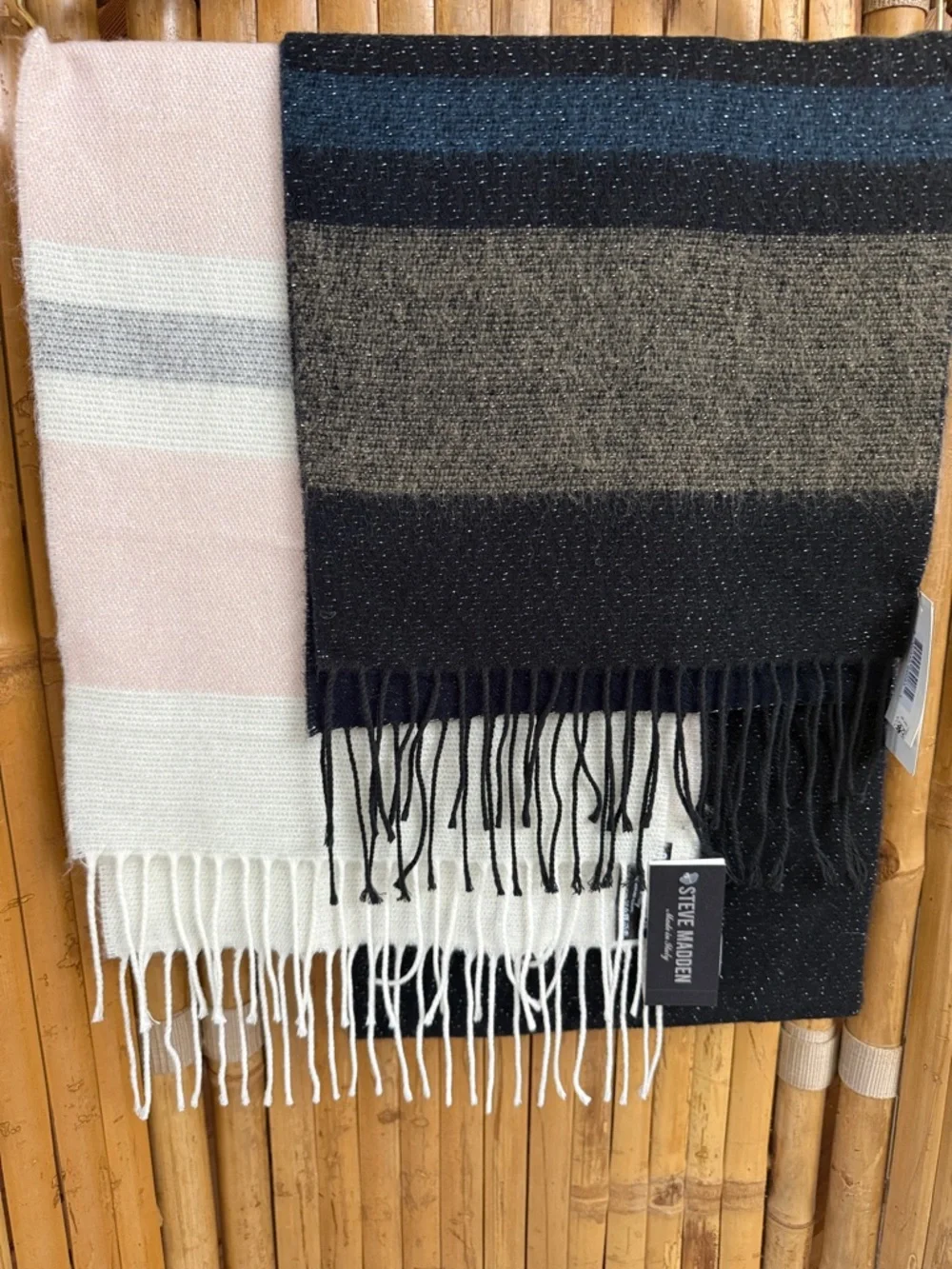 Two Steve Madden Striped Fringe Throw Scarfs in Ivory&Pink and Navy&Gray. NWT